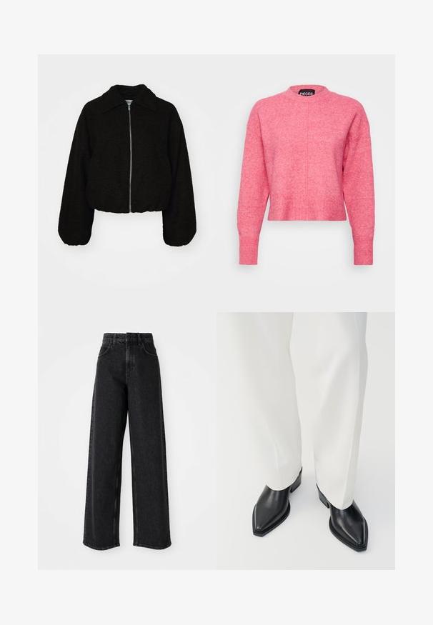 Veste noire courte en tissu doux et texturé. Elle dispose d'un col et de manches longues légèrement bouffantes avec une fermeture éclair à l'avant.; Pull cropped rose avec un col rond, des manches longues, des poignets et un ourlet côtelés, présente une finition légèrement texturée. Étiquette de marque visible.; Jean en denim noir à taille haute et jambes larges, avec un design classique à cinq poches et des détails de couture subtils.; Bottines noires à bout pointu en cuir lisse, avec des talons bas en bloc, associées à un pantalon large blanc. Design simple et moderne.