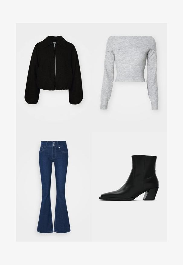 Čierna skrátená bunda z mäkkého, štruktúrovaného materiálu. Má golier a dlhé, mierne puffované rukávy so zipsom vpredu.; Weekday LOLO OFF SHOULDER - Svetrík - grey melange; Tmavomodré rozšírené džínsy s vysokým pásom, dvoma gombíkmi na zapínanie a prednými vreckami. Vyrobené z denimu so viditeľným prešívaním pozdĺž švov.; Čierna kožená členková topánka s špicatou špičkou, elegantným siluetou a masívnym štvorecovým podpätkom. Hladký povrch s minimálnymi švovými detailmi.