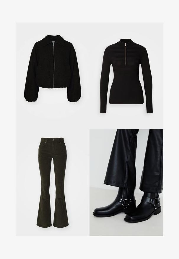 Sort cropped jakke i et blødt, tekstureret stof. Har en krave og lange, let puffede ærmer med en lynlås fortil.; Sort langærmet polo sweater med halvlukning, prydet med vandrette stribemønstre og ribbet tekstur ved ærmerne og kanten.; Bredde corduroy bukser i mørkegrøn. Har for- lommer, knaplukning og et blødt, struktureret stof med ribbet mønster.; Sorte læder ankelstøvler med en rund tå, der har en dekorativ spænde og nitter på remmen samt lodrette ribbede detaljer.