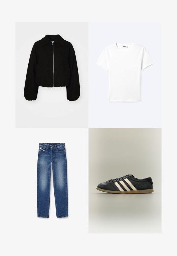 Veste noire courte en tissu doux et texturé. Elle dispose d'un col et de manches longues légèrement bouffantes avec une fermeture éclair à l'avant.; T-shirt blanc uni à manches courtes et col rond avec une petite étiquette "WEEKDAY" à l'intérieur de l'encolure, présenté à plat sur un fond clair.; Jean en denim bleu moyen avec une finition délavée. Comprend cinq poches, des passants de ceinture et une coupe droite. Les accents de broderie sont visibles.; Baskets Adidas Gazelle noires avec des bandes blanches, des lacets noirs et une semelle marron clair, vues de profil sur un fond neutre.