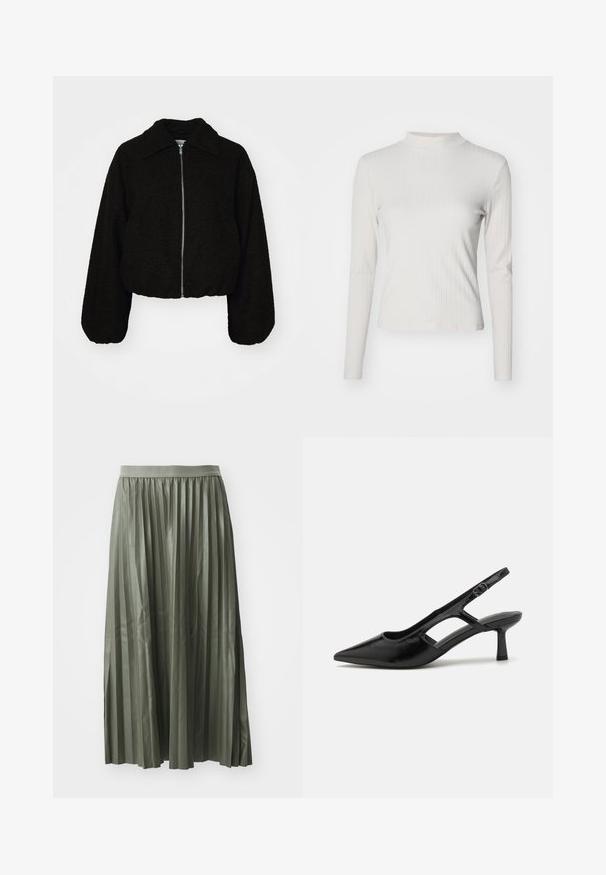 Veste noire courte en tissu doux et texturé. Elle dispose d'un col et de manches longues légèrement bouffantes avec une fermeture éclair à l'avant.; Haut à manches longues beige clair côtelé avec col montant et texture lisse, présentant une coupe ajustée et des accents de design minimalistes.; Jupe midi plissée en vert doux, réalisée en tissu brillant. Elle possède une taille élastique et tombe au milieu du mollet avec des plis verticaux régulièrement espacés.; Escarpins noirs à talon ouvert avec un embout pointu, fabriqués en matériau brillant, présentant des accents découpés et un talon modéré pour un bon soutien.