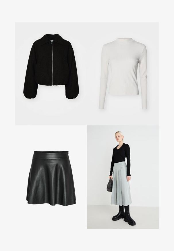 Veste noire courte en tissu doux et texturé. Elle dispose d'un col et de manches longues légèrement bouffantes avec une fermeture éclair à l'avant.; Haut à manches longues beige clair côtelé avec col montant et texture lisse, présentant une coupe ajustée et des accents de design minimalistes.; Jupe en simili cuir noir avec une coupe évasée en ligne A, présentant une texture lisse et brillante ainsi qu'une taille ajustée.; Haut noir à manches longues, jupe plissée gris clair avec détails à double boucle, et bottes noires à semelle épaisse ; sac à main argenté avec embellissements.