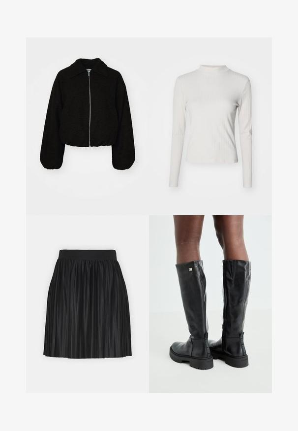 Zwarte cropped jas van een zachte, gestructureerde stof. Heeft een kraag en lange, lichtjes opgeblazen mouwen met een ritssluiting aan de voorkant.; Lichtbeige, langärmeliges, geripptes Oberteil mit Stehkragen und glatter Textur, das eine figurbetonte Form und dezente Designdetails aufweist.; Zwarte geplooide rok met een brede elastische tailleband. Gemaakt van een glanzende, lichtgewicht stof met verticale plooien voor textuur en beweging.; Zwarte leren kniehoge laarzen met een gladde textuur, ronde neus, stevige zool en ritssluiting. Voorzien van een zilveren logo aan de zijkant.