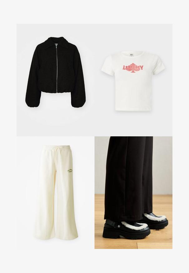 Chaqueta corta negra en un tejido suave y texturizado. Cuenta con cuello con solapa y mangas largas, ligeramente abullonadas, con cierre de cremallera frontal.; Camiseta blanca de algodón de manga corta con un gráfico de purpurina rosa que dice "LUCKY" y una forma de trébol debajo.; Pantalones de chándal anchos color crema con cintura elástica y cordón ajustable. Texto bordado en verde "Athletic" en la parte frontal. Tejido suave.; Zapatos de plataforma negros con un ribete de piel blanca, punta redondeada y una correa con un botón de metal. Llevados con pantalones negros sobre un suelo de madera.