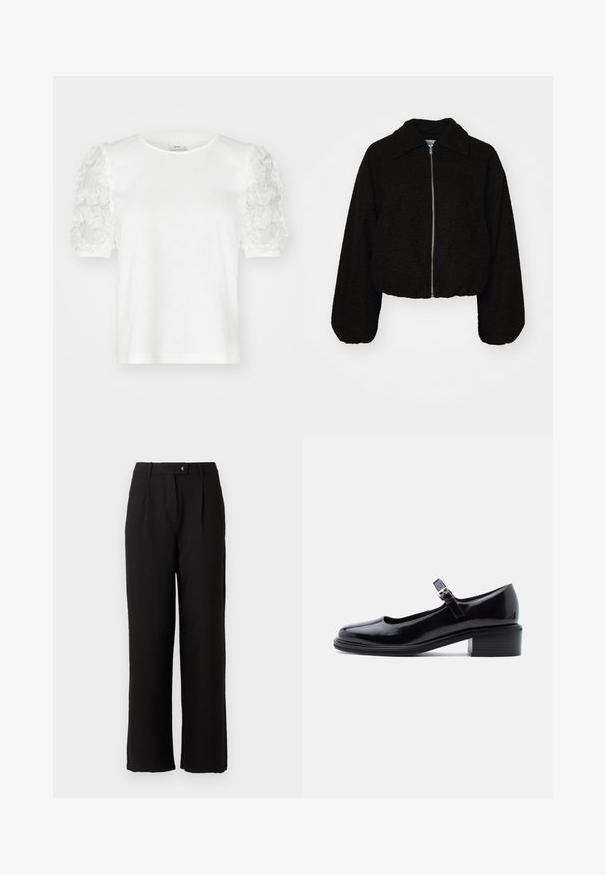 Veste noire courte en tissu doux et texturé. Elle dispose d'un col et de manches longues légèrement bouffantes avec une fermeture éclair à l'avant.; T-shirt blanc à manches courtes avec des détails en appliqué floral sur les manches, doté d'un col rond et en tissu en coton doux.; Pantalon noir en tissu lisse, avec une coupe droite, des plis sur le devant et une fermeture à bouton standard à la taille.; Chaussure Mary Jane en cuir verni noir avec petit talon carré et bride réglable à boucle, sur fond clair uni.