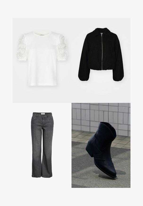 Veste noire courte en tissu doux et texturé. Elle dispose d'un col et de manches longues légèrement bouffantes avec une fermeture éclair à l'avant.; T-shirt blanc à manches courtes avec des détails en appliqué floral sur les manches, doté d'un col rond et en tissu en coton doux.; Jean large en denim gris foncé. Caractéristiques : taille haute, design traditionnel à cinq poches et ourlet net sans embellissements.; Bottine en cuir noir avec un petit talon, couture décorative et bout pointu, positionnée debout sur une surface pavée à côté d’un mur carrelé.