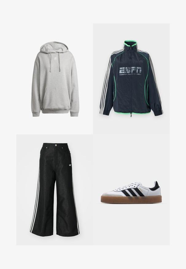 Merensininen Adidas urheilutakki vihreillä yksityiskohdilla, valkoiset kolmet raidat hihoissa, edessä vetoketju ja "ESPN There's No Place Like Sports" -logo.; Huppari harmaasta puuvillasekoitteesta, jossa on etutasku, ribatut hihansuut ja valkoinen logo rinnassa.; Mustat leveät farkut kolmella valkoisella raidalla jokaisella sivulla ja pienellä valkoisella logolla. Ominaisuuksiin kuuluvat etutaskut ja napitus.; Valkoiset nahkakengät, joissa on mustat raidat, kumipohja, pyöreä varvas, nauhakiinnitys ja pehmeä harmaa mokkanahkakärki.