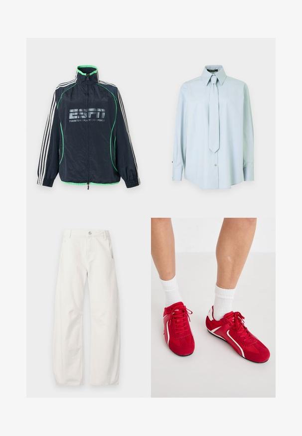 Marineblå Adidas sportjakke med grøn kant, hvide tre striber på ærmerne, lynlås foran og "ESPN There's No Place Like Sports" logo.; Lyseblå skjorte med lange ærmer, spidse krave og matchende slips. Fremstillet af glat stof, med knaplukning og manchetter i kontrast.; Hvide bukser med lige ben, forlommer, bæltestropper og knaplukning i taljen, vist fladt på hvid baggrund.; Røde atletiske sko med hvide detaljer, lavet af ruskind og netstof. Har snørebåndsdesign og teksturerede såler for godt greb.