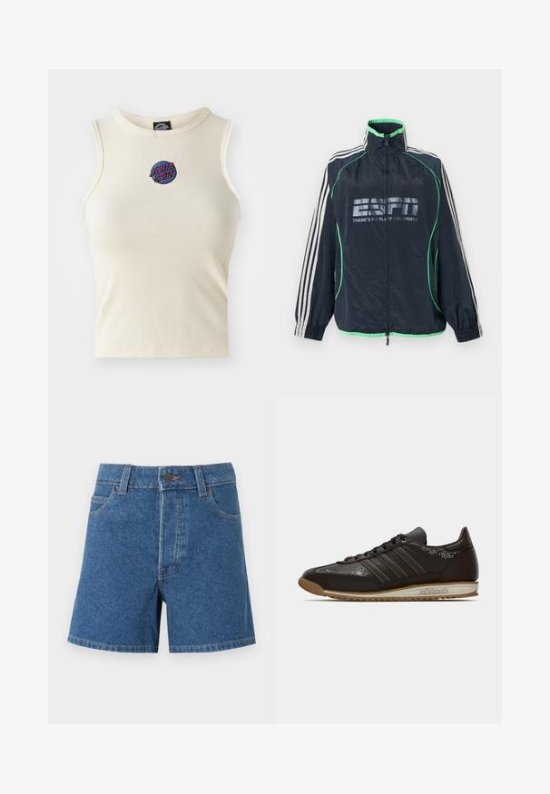 Merensininen Adidas urheilutakki vihreillä yksityiskohdilla, valkoiset kolmet raidat hihoissa, edessä vetoketju ja "ESPN There's No Place Like Sports" -logo.; Kerman hihnatopp, jossa on pyöreä kaula-aukko ja ilman hihoja, etuosassa vaaleanpunaisella ja sinisellä brodeerattu "Santa Cruz" -logo.; Siniset denimshortsit, joissa on etunapit, vetoketju, vyölenkit ja kaksi etutaskua, yksivärisen vaalean taustan päällä.; Matala profiilinen ruskea Adidas-tenniskenkä mustilla nauhoilla, valkoisilla brodeeratuilla kuvioilla ja kumipohjalla, esitetty ulkosivulta valkoista taustaa vasten.