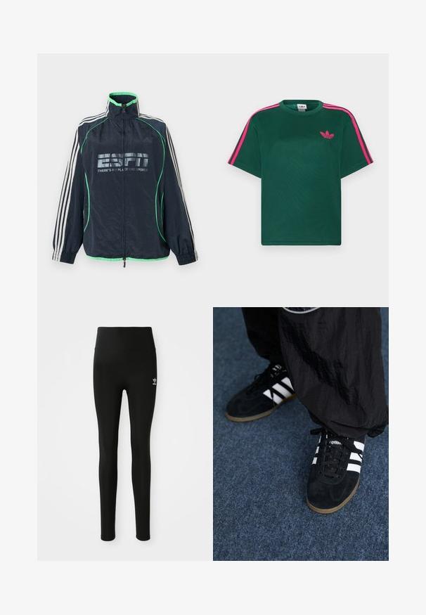 Tmavomodrá športová bunda Adidas so zeleným lemovaním, bielymi tromi pruhmi na rukávoch, predným zipsom a logom "ESPN There's No Place Like Sports".; Zelené tričko s krátkym rukávom s jasnoružovými pruhmi na ramenách a logom Adidas trefoil na hrudi.; Čierne legíny vyrobené z elastického materiálu s vysokým pásom, s malým bielym logom Adidas na ľavom stehne. Hladká textúra.; Čierne roháčiky z semišu so tromi bielymi pruhmi a čiernymi šnúrkami. Texturované čierne nohavice sú čiastočne viditeľné vedľa topánok.