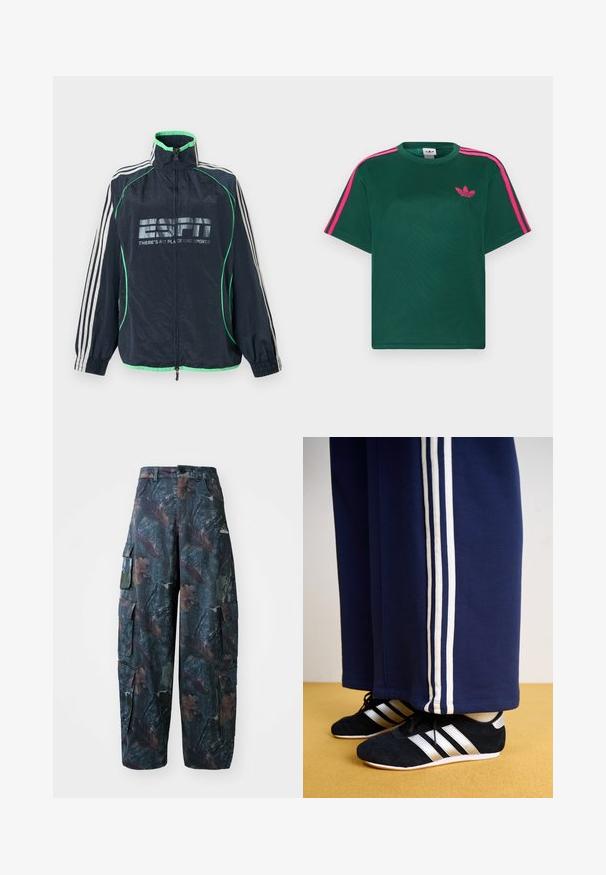 Marineblå Adidas sportjakke med grøn kant, hvide tre striber på ærmerne, lynlås foran og "ESPN There's No Place Like Sports" logo.; Grøn kortærmet t-shirt med lyserøde striber på skuldrene og Adidas trefoil-logo på brystet.; Camo cargo bukser i mørkegrøn og brun, med flere lommer og en løs pasform, lavet af letvægtigt, holdbart stof.; Mørkeblå træningsbukser med tre hvide lodrette striber og sorte sportssko med sølvstriber og en struktureret overflade. Gul gulv.