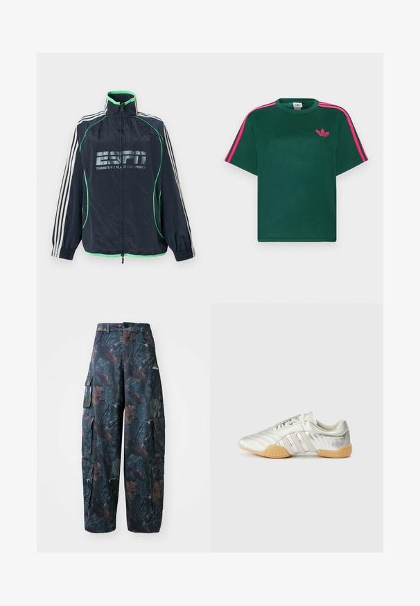 Chaqueta deportiva Adidas azul marino con ribete verde, tres rayas blancas en las mangas, cremallera frontal y logotipo "ESPN No hay lugar como el deporte".; Camiseta verde de manga corta con franjas rosas brillantes en los hombros y el logotipo de trébol de Adidas en el pecho.; Pantalones cargo de camuflaje en verde oscuro y marrón, con múltiples bolsillos y un ajuste holgado, hechos de una tela ligera y resistente.; Zapatilla deportiva plateada con parte superior de cuero suave, suela de goma y detalles texturizados. Presenta un diseño curvado y cordones tonales.