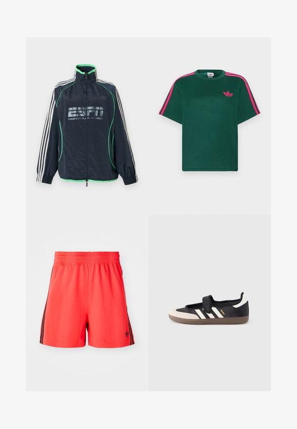 Marineblå Adidas sportjakke med grøn kant, hvide tre striber på ærmerne, lynlås foran og "ESPN There's No Place Like Sports" logo.; Grøn kortærmet t-shirt med lyserøde striber på skuldrene og Adidas trefoil-logo på brystet.; Røde atletiske shorts lavet af letvægtsmateriale med elastisk talje, med tre sorte lodrette striber på hver side og logo.; Sort og beige sko med velcrolukning, tre hvide striber på siden og en tekstureret brun gummisål. Mærkelogo er synligt.
