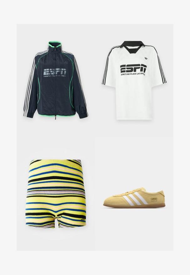 Meresinine Adidas spordijakk rohelise ääristuse ja valgete kolmetriipudega varrukatel, esikolmnurkne tõmblukk ning "ESPN There's No Place Like Sports" logo.; Valge lühikeste varrukatega särk, millel on must krae, kolm musta triipu varrukatel ja paks must kiri, mis ütleb "ESPN" ja "HERE'S NO PLACE LIKE SPOTS."; Ribadega lühikesed püksid, millel on kollased, sinised, mustad ja roosad horisontaalsed triibud. Pehme kangas, elastne vöökoht ja lõigatud jalgade äärised.; adidas Originals GAZELLE LO PRO W - Tossud - almost yellow/footwear white