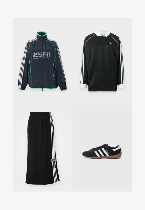 Merensininen Adidas urheilutakki vihreillä yksityiskohdilla, valkoiset kolmet raidat hihoissa, edessä vetoketju ja "ESPN There's No Place Like Sports" -logo.; Musta pitkähihainen V-kauluksella varustettu paita, jossa on pystysuoria raitoja, valkoisia yksityiskohtia ja kolme valkoista raitaa jokaisessa hihassa. Pieni logo rinnassa.; Musta urheiluhame, jossa on joustava vyötärö, yhdessä sivussa kolme valkoista raitaa ja Adidas-logo-ompelus. Sileä kangas.; Musta mokkanahkainen tennari, jossa on kolme valkoista raitaa, kumipohja ja pieni kultainen logo sivulla. Siinä on sileä musta sisävuori.