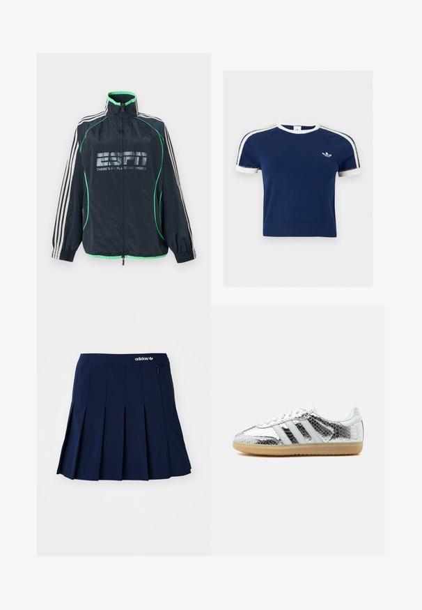 Marineblå Adidas sportjakke med grøn kant, hvide tre striber på ærmerne, lynlås foran og "ESPN There's No Place Like Sports" logo.; Marineblå kortærmet skjorte med hvid kant på krave og ærmer, hvide striber på skuldrene og lille hvid Adidas-logo på brystet.; Marineblå plisseret nederdel lavet af letvægtsstof; har en elastisk talje og en lille lynlås-lomme, med et hvidt Adidas-logo på forsiden.; Lav top sneaker med sølvmetalisk slangeskind tekstur, hvide striber, hvide snørebånd og lys gummisål på hvid baggrund.