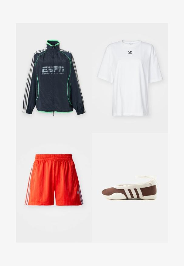 Tmavomodrá športová bunda Adidas so zeleným lemovaním, bielymi tromi pruhmi na rukávoch, predným zipsom a logom "ESPN There's No Place Like Sports".; Biele tričko s krátkym rukávom vyrobené z bavlny. Má okrúhly výstrih a malé čierne logo Adidas na hrudi. Priamy strih spodného lemu.; Červené športové šortky s vertikálnymi bielymi pruhmi, elastickým pásom a svetlomodrými akcentmi po stranách. Obsahujú bočné vrecká.; Hnedá a biela baletná balerína s tromi bielymi pruhmi a mašľou na zviazanie okolo členku na jednoduchom svetlom pozadí.