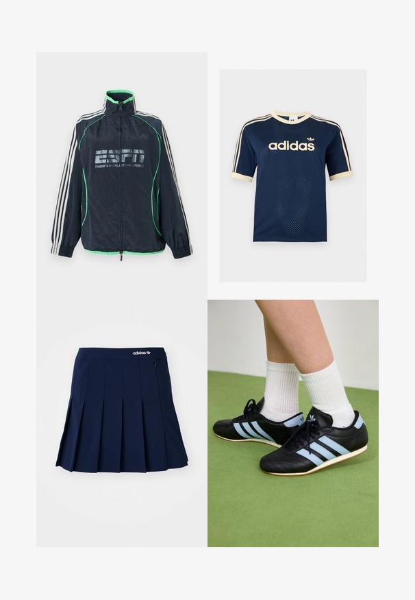 Tmavomodrá športová bunda Adidas so zeleným lemovaním, bielymi tromi pruhmi na rukávoch, predným zipsom a logom "ESPN There's No Place Like Sports".; Tmavomodré Adidas sieťované tričko s krátkym rukávom s krémovým lemom, troma krémovými pruhmi na rukávoch a logom Adidas na hrudi.; Námornícky skládací sukňa vyrobená z ľahkého materiálu; má elastický pás a malú zipsovú kapsu, s bielym logom Adidas vpredu.; Čierne kožené športové topánky so svetlomodrými pruhmi, textúrovanými zvrškom a gumovou podrážkou, v kombinácii s bielymi rebrovanými ponožkami na zelenej podlahe.