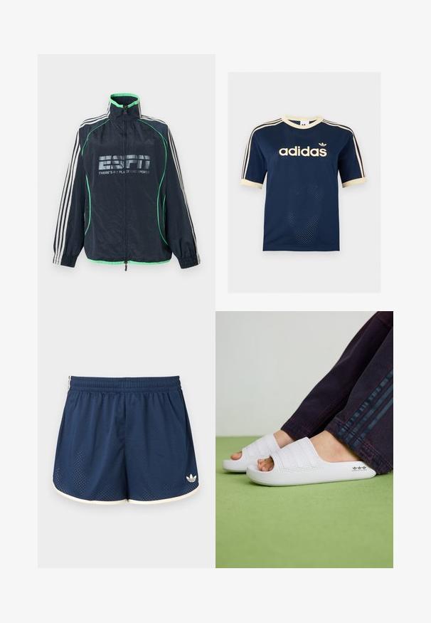 Tmavomodrá športová bunda Adidas so zeleným lemovaním, bielymi tromi pruhmi na rukávoch, predným zipsom a logom "ESPN There's No Place Like Sports".; Tmavomodré Adidas sieťované tričko s krátkym rukávom s krémovým lemom, troma krémovými pruhmi na rukávoch a logom Adidas na hrudi.; Tmavomodré športové šortky s elastickým pásom, bielym lemom, priedušnou sieťovinou a logom Adidas na spodnej pravej nohe.; Biele gumové šľapky s tromi textúrovanými horizontálnymi pruhmi, zaoblenou špičkou a logom potlačeným na boku, snažení s tmavými džínami.