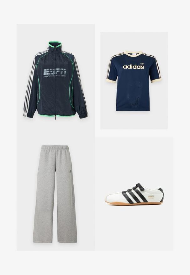 Αθλητικό μπουφάν Adidas σε ναυτικό μπλε με πράσινη επένδυση, λευκές τρεις ρίγες στα μανίκια, φερμουάρ μπροστά και λογότυπο «ESPN There's No Place Like Sports».; Μπλε ναυτικό κοντομάνικο μπλουζάκι Adidas από δίχτυ με κρεμ λεπτομέρειες, τρεις κρεμ ρίγες στα μανίκια και το λογότυπο Adidas στο στήθος.; Φαρδιά παντελόνια φόρμας ανοιχτού γκρι χρώματος με ελαστική μέση και μικρό μαύρο λογότυπο Adidas στο δεξί μηρό.; Λευκό sneaker Adidas Tokyo με μαύρες ρίγες, μαύρες λουράκια βέλκρο και σόλα από καουτσούκ, εμφανιζόμενο από το πλάι σε λευκό φόντο.