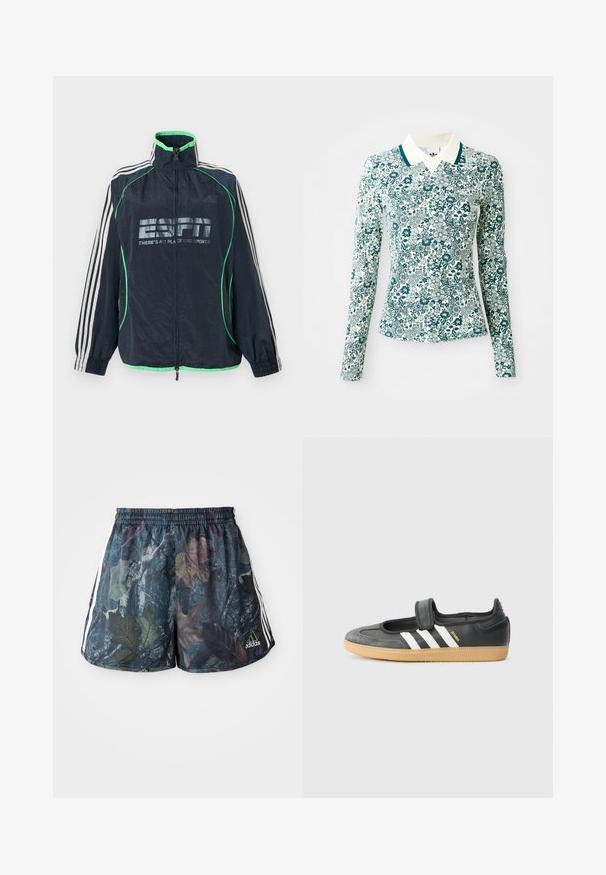 Meresinine Adidas spordijakk rohelise ääristuse ja valgete kolmetriipudega varrukatel, esikolmnurkne tõmblukk ning "ESPN There's No Place Like Sports" logo.; Pikkade varrukatega sobiv särk teal'ise ja valge lillemustriga ning valge kraega teal'ise äärega, lihtsal taustal.; Täiskasvanutele mõeldud lühikesed püksid, millel on tumedal taustal mitmevärviline lehe muster, elastne vöökoht ja valged külgribad.; Mustmust ja sametist sneaker, millel on Velcro rihm, kolm valget triipu ja kummi tallad, küljel on silt "SAMBA".
