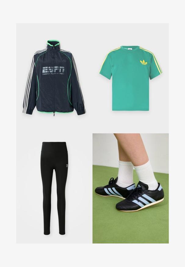 Marineblå Adidas sportjakke med grøn kant, hvide tre striber på ærmerne, lynlås foran og "ESPN There's No Place Like Sports" logo.; Grøn bomulds t-shirt med korte ærmer, med gule striber langs skuldrene og et broderet tre-bladet logo på brystet.; Sorte leggings lavet af strækbart materiale med høj talje, med et lille hvidt Adidas-logo på venstre ben. Glat tekstur.; Sorte lædersportssko med lyseblå striber, teksturerede overdele og gummisko, parret med hvidt ribbet sokker på grønne gulve.
