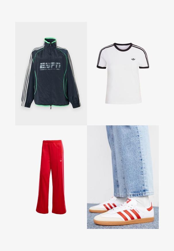 Marineblå Adidas sportjakke med grøn kant, hvide tre striber på ærmerne, lynlås foran og "ESPN There's No Place Like Sports" logo.; Hvid kortærmet t-shirt med sorte detaljer, der har rund halsudskæring og tre sorte striber på hver skulder. Lille sort logo på brystet.; Røde atletiske bukser med brede ben, elastisk talje og sidelomme med lynlås. Har et lille hvidt logo på venstre side. Glat tekstur.; Hvide lædersneakers med røde striber og accenter. Har en tekstureret gummisål og polstret krave. Bæres med lyseblå denim.