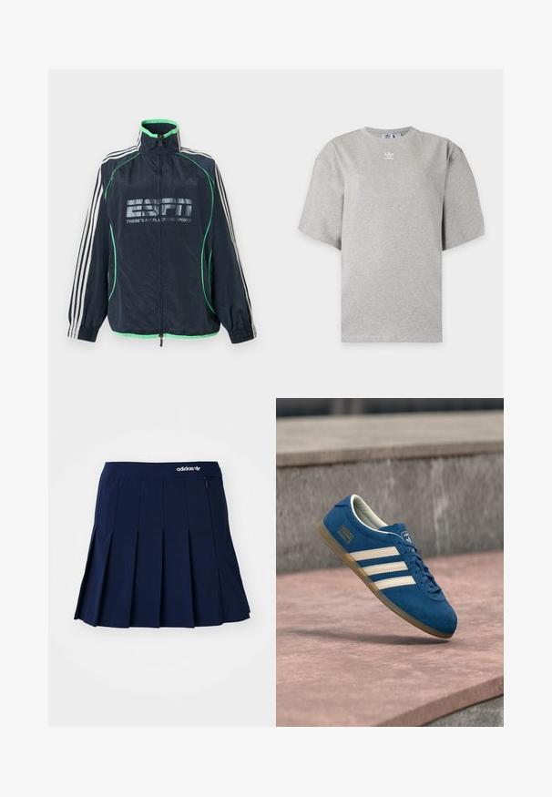 Αθλητικό μπουφάν Adidas σε ναυτικό μπλε με πράσινη επένδυση, λευκές τρεις ρίγες στα μανίκια, φερμουάρ μπροστά και λογότυπο «ESPN There's No Place Like Sports».; Ανοιχτό γκρι κοντομάνικη μπλούζα Adidas με στρογγυλή λαιμόκοψη και μικρό λευκό λογότυπο Adidas στο στήθος, εμφανίζεται σε απλό φόντο.; Ναυτικό πλισέ φούστα από ελαφρύ ύφασμα; διαθέτει ελαστική μέση και μια μικρή τσέπη με φερμουάρ, με το λογότυπο της Adidas στην πρόσοψη.; Μπλε βελούδινο αθλητικό παπούτσι με κρεμ ρίγες και κορδόνια, σόλα από καουτσούκ, υφή επιφάνειας, στρογγυλεμένη μύτη και λογότυπο στην πλευρά.