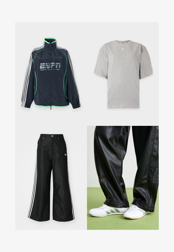 Tmavomodrá športová bunda Adidas so zeleným lemovaním, bielymi tromi pruhmi na rukávoch, predným zipsom a logom "ESPN There's No Place Like Sports".; Svetlosivé tričko Adidas s krátkym rukávom, okrúhlym výstrihom a malým bielym logom Adidas na hrudi, zobrazené na jednoduchom pozadí.; Čierne džínsy s širokým strihom, s tromi bielymi pruhmi po stranách a malým bielym logom. Obsahujú predné vrecká a zapínanie na gombík.; Čierne nohavice z umelej kože s voľným strihom, s hladkým povrchom a bočnými pruhmi. V páre s bielymi teniskami so striebornými detailmi.