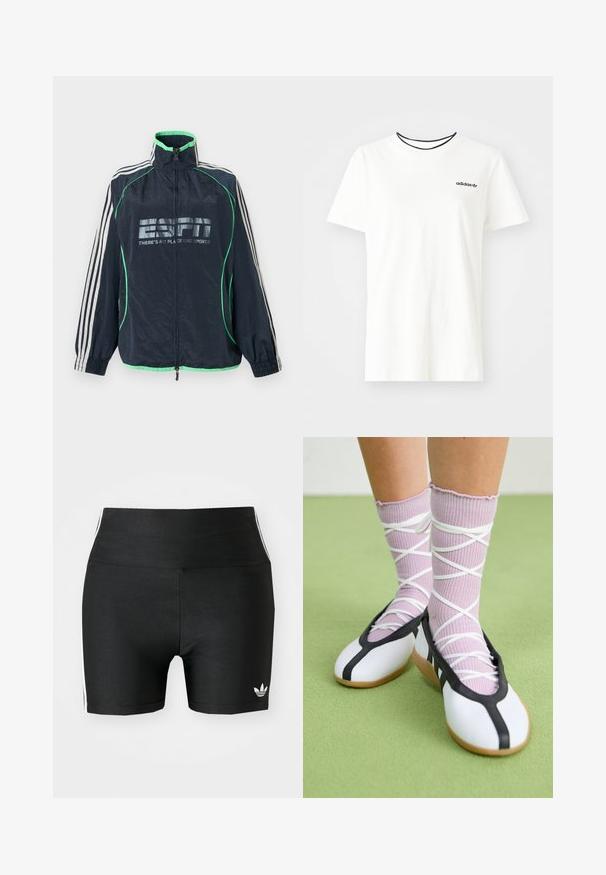 Marineblauwe Adidas sportjas met groene afwerking, witte drie strepen op de mouwen, ritssluiting aan de voorkant en het logo "ESPN There's No Place Like Sports".; Witte katoenen t-shirt met korte mouwen en een ronde halslijn. Heeft een zwart Adidas-logo op de borst en een contrasterende zwarte binnenkraag.; Zwarte atletische shorts van rekbaar materiaal met een hoge taille. Bevatte witte zijstrepen en een klein wit logo aan de zoom.; Benen met geribbelde lavendelkleurige sokken met witte kruisbanden, gecombineerd met witte ballerina's met zwarte bies op een groene vloer.