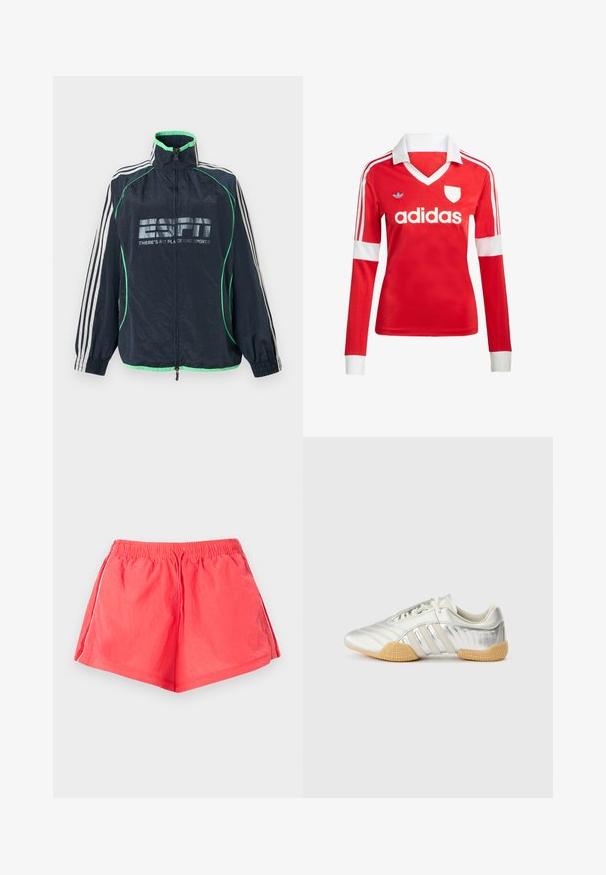 Αθλητικό μπουφάν Adidas σε ναυτικό μπλε με πράσινη επένδυση, λευκές τρεις ρίγες στα μανίκια, φερμουάρ μπροστά και λογότυπο «ESPN There's No Place Like Sports».; Κόκκινη ποδοσφαιρική φανέλα με μακριά μανίκια, λευκό γιακά και μανσέτες. Διαθέτει τρεις λευκές ρίγες στους ώμους και το λογότυπο "adidas" εμφανώς τοποθετημένο.; Κόκκινα αθλητικά σορτς με ελαστική μέση και κορδόνι, με λευκές ρίγες στα πλάγια, σε απλό φόντο.; Αθλητικό παπούτσι σε ασημί χρώμα με λείο δερμάτινο πάνω μέρος, ελαστική σόλα και υφασμένους διακοσμητικούς τόνους. Διαθέτει καμπυλωτό σχέδιο και κορδόνια στο ίδιο χρώμα.