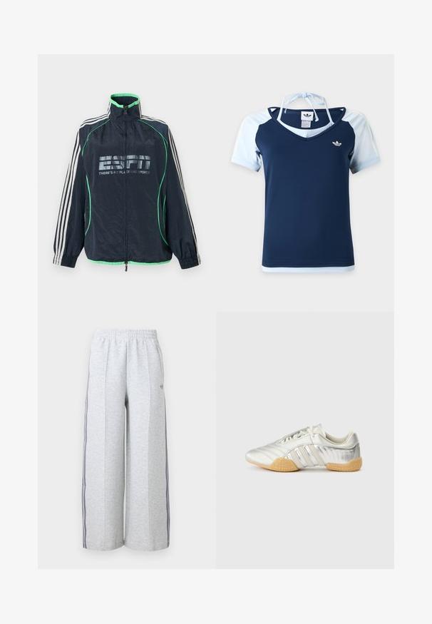 Αθλητικό μπουφάν Adidas σε ναυτικό μπλε με πράσινη επένδυση, λευκές τρεις ρίγες στα μανίκια, φερμουάρ μπροστά και λογότυπο «ESPN There's No Place Like Sports».; Κοντομάνικη μπλούζα Adidas σε ναυτικό και ανοιχτό μπλε με V-λαιμόκοψη, λογότυπο στο στήθος και τιράντα halter δεμένη στο πίσω μέρος του λαιμού.; Ανοιχτό γκρι φαρδιά φόρμα με ελαστική μέση και σκούρες γκρι ρίγες στα πλάγια, με μικρό λογότυπο στο αριστερό μηρό.; Αθλητικό παπούτσι σε ασημί χρώμα με λείο δερμάτινο πάνω μέρος, ελαστική σόλα και υφασμένους διακοσμητικούς τόνους. Διαθέτει καμπυλωτό σχέδιο και κορδόνια στο ίδιο χρώμα.