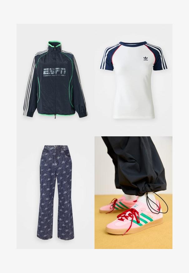 Merensininen Adidas urheilutakki vihreillä yksityiskohdilla, valkoiset kolmet raidat hihoissa, edessä vetoketju ja "ESPN There's No Place Like Sports" -logo.; Valkoinen puuvillapaita, jossa on laivastonsiniset raglan-hihat. Paidassa on kolme valkoista raitaa ja pieni musta Adidas-logo rinnassa. Punaiset yksityiskohdat.; Jaded London BAGGY FIT EMBOSSED LOGO - Relaxed fit -farkut - blue; Vaaleanpunaiset mokkakenkäset, joissa on vihreät raidat, punaiset nauhat ja kumipohja. Yhdistetty mustiin housuihin, jotka ovat kerätty nilkkojen ympärille.