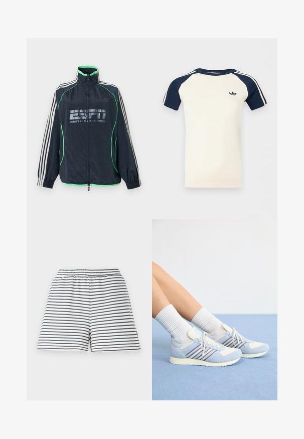 Veste de sport Adidas bleu marine avec bordure verte, trois bandes blanches sur les manches, fermeture éclair à l'avant, et logo "ESPN There's No Place Like Sports".; Chemise crème à manches courtes avec manches raglan bleu marine, rayures blanches sur les manches, et un petit logo Adidas noir sur la poitrine.; Shorts rayés avec un schéma de couleurs blanc et marine, taille élastique, matériau en coton doux et coupe décontractée.; Baskets bleu clair avec des accents blancs, arborant trois rayures violettes, un tissu texturé et une semelle douce et ornée de motifs. Associées à des chaussettes blanches à côtes.
