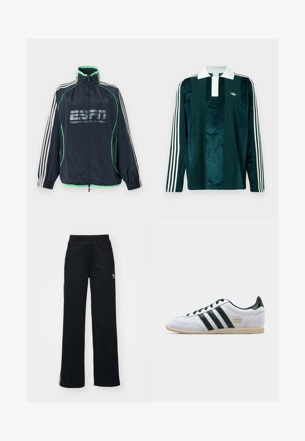 Merensininen Adidas urheilutakki vihreillä yksityiskohdilla, valkoiset kolmet raidat hihoissa, edessä vetoketju ja "ESPN There's No Place Like Sports" -logo.; Pitkähihainen polo tummanvihreästä sametista, jossa valkoisia yksityiskohtia. Varustettu kolmella napilla, brodeeratulla logolla ja kolmella valkoisella raidalla hihoissa.; Mustat urheiluhousut, joissa on rento istuvuus, kiristysnyöri vyötäröllä, sivutaskut vetoketjulla ja hillityt valkoiset logot vasemmassa jalassa.; adidas Originals JAPAN - Matalavartiset tennarit - footwear white/collegiate green/aurora ivy