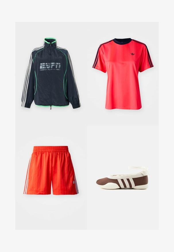 Tmavomodrá športová bunda Adidas so zeleným lemovaním, bielymi tromi pruhmi na rukávoch, predným zipsom a logom "ESPN There's No Place Like Sports".; Červené športové tričko s krátkymi rukávmi, s vertikálnymi pruhmi, námorníckym okrúhlym výstrihom a malým čiernym logom na prednej strane.; Červené športové šortky s vertikálnymi bielymi pruhmi, elastickým pásom a svetlomodrými akcentmi po stranách. Obsahujú bočné vrecká.; Hnedá a biela baletná balerína s tromi bielymi pruhmi a mašľou na zviazanie okolo členku na jednoduchom svetlom pozadí.