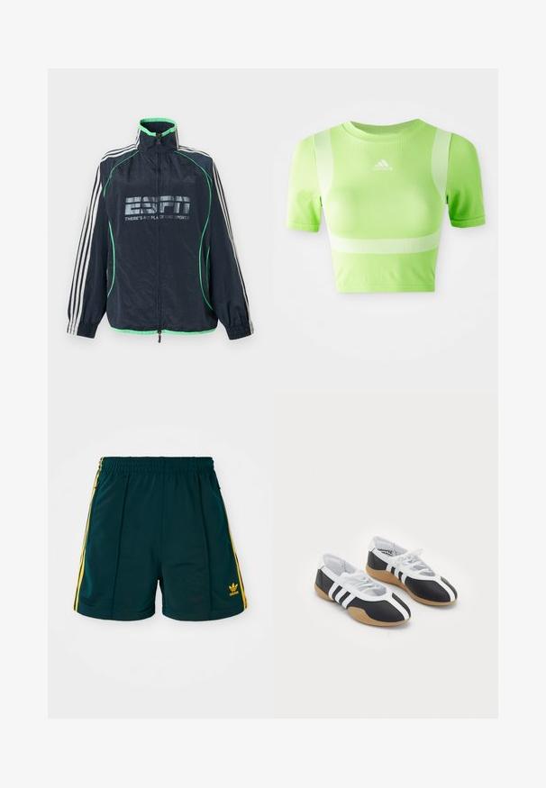 Meresinine Adidas spordijakk rohelise ääristuse ja valgete kolmetriipudega varrukatel, esikolmnurkne tõmblukk ning "ESPN There's No Place Like Sports" logo.; Lühenud sportlik särk ere roheline. Omab lühikesi varrukaid, ümarat kaelust ja valget diagonaalriba mustrit õlgadel. adidas logo ees.; Tumed roheline spordilühike, millel on elastne vöökoht, kollased külgribad ja tikandiga kollane logo sääreosas.; Mustvalged spordijalatsid, millel on sile disain, kummist tald, paeltest kinni tõmmatav sulgur ja kolm valget triipu külgedel.