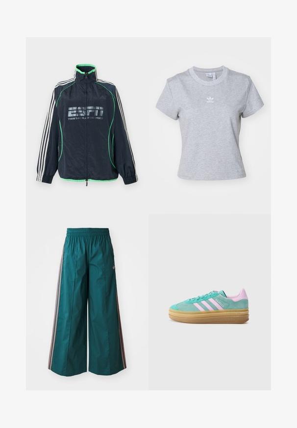 Marineblaue Adidas-Sportjacke mit grünem Rand, weißen drei Streifen an den Ärmeln, Frontreißverschluss und "ESPN There's No Place Like Sports"-Logo.; adidas Originals ESS SLIM TEE - T-Shirt basic - medium grey heather; Türkise weit geschnittene Hose mit elastischem Bund, die seitliche gestreifte Akzente in Pink und Weiß aufweist und aus leichtem Stoff gefertigt ist.; adidas Originals GAZELLE BOLD - Sneaker low - powder teal/bliss lilac/pure teal