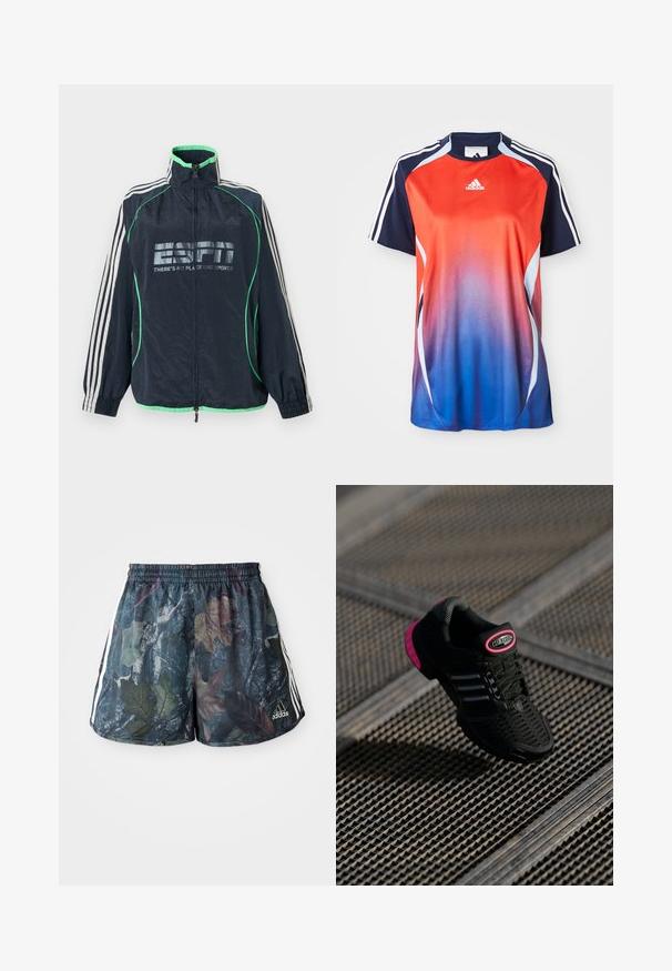 Marineblå Adidas sportjakke med grøn kant, hvide tre striber på ærmerne, lynlås foran og "ESPN There's No Place Like Sports" logo.; Adidas kortærmet sports T-shirt med en gradient fra rød til blå, med marineblå akcenter og hvide striber langs skuldrene.; Herre shorts med et flerfarvet bladmønster på en mørk baggrund, med elastisk talje og sidelister i hvid.; Sort sportssko med mesh-overdel, lyserøde accenter og sorte stribede detaljer. Har en tekstureret ydersål og et logo på hælen.