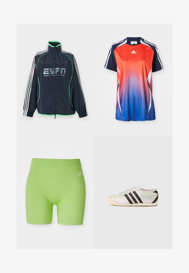 Αθλητικό μπουφάν Adidas σε ναυτικό μπλε με πράσινη επένδυση, λευκές τρεις ρίγες στα μανίκια, φερμουάρ μπροστά και λογότυπο «ESPN There's No Place Like Sports».; Φανέλα σπορ Adidas με κοντά μανίκια, που διαθέτει βαθμιαία αλλαγή χρώματος από κόκκινο σε μπλε, με ναυτικές λεπτομέρειες και λευκές ρίγες στους ώμους.; Πράσινα αθλητικά σορτς από ελαστικό ύφασμα, με μεσαία μέση και λογότυπο Adidas στην εμπρόσθια δεξιά πλευρά.; Χαμηλό sneaker με γυαλιστερό μπλε-πράσινο επάνω μέρος, τρεις μαύρες ρίγες και υφασμένο λαστιχένιο πάτο σε εκρού απόχρωση. Μινιμαλιστικός σχεδιασμός με λεπτομέρεια λογότυπου.