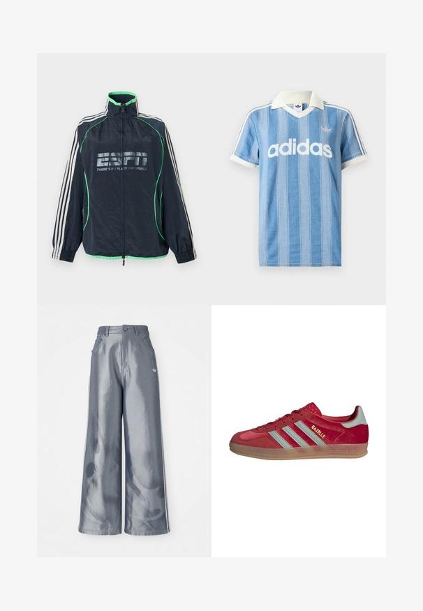 Meresinine Adidas spordijakk rohelise ääristuse ja valgete kolmetriipudega varrukatel, esikolmnurkne tõmblukk ning "ESPN There's No Place Like Sports" logo.; Helehall sinine lühikeste varrukatega polo-särk vertikaalsete triipudega, valgete aktsentidega ja esiküljel nähtava valge "adidas" logoga.; Laiad püksid läikivast hallist materjalist, valgete külgtriipudega ja põlevate mustritega alumistes jalgades. Nööp ja lukku kinnitamine vööl.; adidas Originals GAZELLE INDOOR - Tossud - better scarlet/hazy green