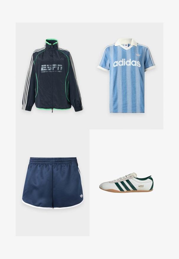 Marineblaue Adidas-Sportjacke mit grünem Rand, weißen drei Streifen an den Ärmeln, Frontreißverschluss und "ESPN There's No Place Like Sports"-Logo.; Hellblaues Poloshirt mit kurzen Ärmeln und vertikalen Streifen, weißen Akzenten und auffälligem weißen "adidas"-Logo auf der Vorderseite.; Marineblaue Sportshorts mit elastischem Bund, weißem Saum an den Kanten und einem kleinen weißen Logo am unteren rechten Bein.; Weiße Sneaker mit grünen Streifen, Obermaterial aus Wildleder und Synthetik, Gummisohle, runde Zehenform und Detail mit dem "adidas TOKYO" Logo.