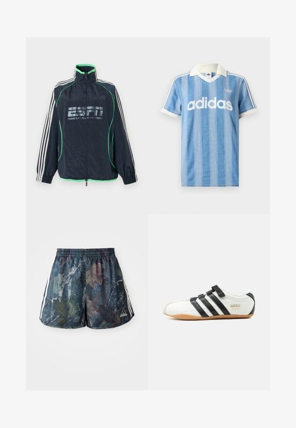Tmavomodrá športová bunda Adidas so zeleným lemovaním, bielymi tromi pruhmi na rukávoch, predným zipsom a logom "ESPN There's No Place Like Sports".; Svetlomodré polokošeľa s krátkym rukávom s vertikálnymi pruhmi, bielymi akcentmi a výrazným bielym logom „adidas“ na prednej strane.; Pánske šortky s viacfarebným vzorom listov na tmavom pozadí, s elastickým pásom a bočnými pruhmi v bielej farbe.; Biele tenisky Adidas Tokyo s čiernymi pruhmi, čiernymi suchými zipsami a podrážkou v gumovej farbe, zobrazené z boku na bielom pozadí.