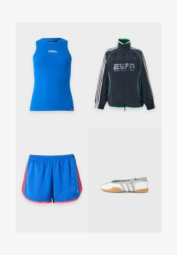 Αθλητικό μπουφάν Adidas σε ναυτικό μπλε με πράσινη επένδυση, λευκές τρεις ρίγες στα μανίκια, φερμουάρ μπροστά και λογότυπο «ESPN There's No Place Like Sports».; Μπλε αμάνικο τοπ φτιαγμένο από ριγωτό ύφασμα. Διαθέτει στρογγυλή λαιμόκοψη και οριζόντιο λογότυπο "RACING RED BULL" μπροστά.; Μπλε αθλητικό σορτς με κόκκινο περίγραμμα και ρίγες στο πλάι, με ελαστική ζώνη μέσης και μικρό λογότυπο Adidas στο μπροστινό δεξί πόδι.; Λευκές και γκρι μπαλαρίνες με στρογγυλερή μύτη και ελαστική κορδέλα, με τρεις γκρι ρίγες, και μπεζ λαστιχένια σόλα.