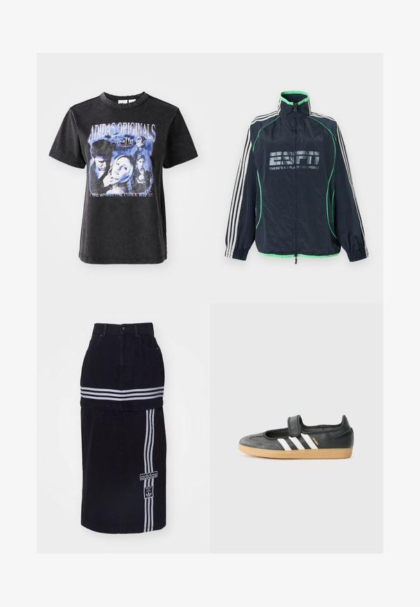 Chaqueta deportiva Adidas azul marino con ribete verde, tres rayas blancas en las mangas, cremallera frontal y logotipo "ESPN No hay lugar como el deporte".; Camiseta de algodón negra de manga corta, con un estampado gráfico lavado de personajes de "Buffy la Cazavampiros" en tonos azules.; Falda de mezclilla negra con cintura alta, que presenta dos rayas horizontales blancas, una etiqueta con el logo de Adidas en el lateral y un diseño de corte recto.; Zapatilla de deporte de cuero negro y ante con una correa de Velcro, que presenta tres rayas blancas y una suela de goma, etiquetada "SAMBA" en el lateral.