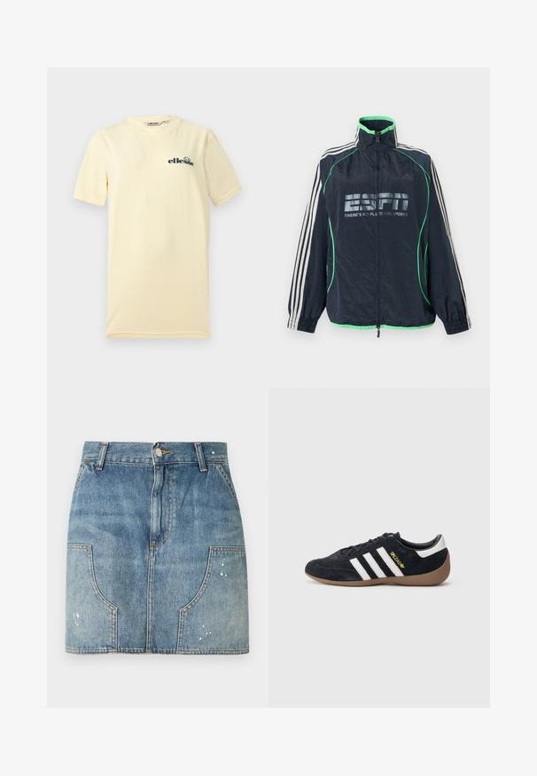 Veste de sport Adidas bleu marine avec bordure verte, trois bandes blanches sur les manches, fermeture éclair à l'avant, et logo "ESPN There's No Place Like Sports".; T-shirt jaune pâle à manches courtes et col rond avec un petit logo Ellesse bleu foncé sur la poitrine gauche sur fond clair.; Mini-jupe en denim avec bouton à l'avant, passants pour ceinture, poches avant arrondies et légers détails d'usure sur les poches et l'ourlet.; Baskets en daim noir avec trois bandes blanches, semelle en caoutchouc beige, et un petit logo doré sur le côté. Dotées d'une doublure intérieure noire lisse.