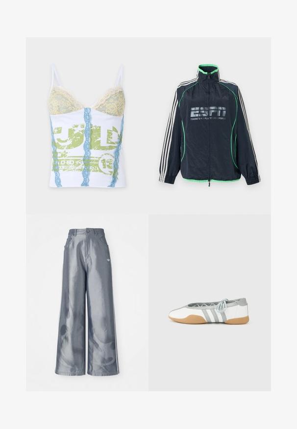 Marineblaue Adidas-Sportjacke mit grünem Rand, weißen drei Streifen an den Ärmeln, Frontreißverschluss und "ESPN There's No Place Like Sports"-Logo.; Weißes Camisole mit hellgelben Spitzen-Cups, blauen vertikalen Spitzenstreifen und verblasstem grünem Grafikdruck auf der Vorderseite.; Weite Hose aus glänzendem grauem Material, ausgestattet mit weißen seitlichen Streifen und einem Flammenmuster an den Unterschenkeln. Knopf- und Reißverschlussverschluss an der Taille.; Weiße und graue Ballerinas mit abgerundeter Spitze und elastischer Schnürung, mit drei grauen Streifen und einer beigen Gummisohle.