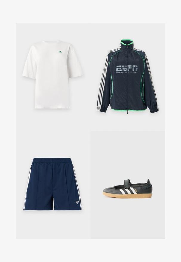 Tmavomodrá športová bunda Adidas so zeleným lemovaním, bielymi tromi pruhmi na rukávoch, predným zipsom a logom "ESPN There's No Place Like Sports".; Biela tričko vyrobené z bavlny, s krátkymi rukávmi a okrúhlym výstrihom. Malé zelené logo je umiestnené na ľavej strane hrudníka.; Tmavomodré športové šortky s elastickým pásom, bielymi bočnými pruhmi, vreckami na zips a malým bielym logom Adidas na ľavej nohe.; Čierne kožené a zamšové tenisky s Velcro pásikom, s tromi bielymi pruhmi a gumenou podrážkou, označené nápisom "SAMBA" na boku.
