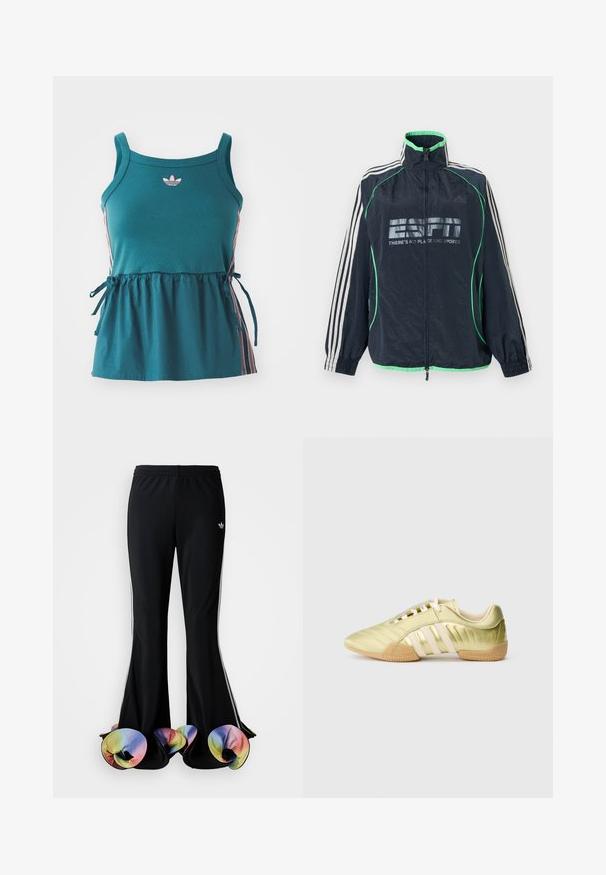 Αθλητικό μπουφάν Adidas σε ναυτικό μπλε με πράσινη επένδυση, λευκές τρεις ρίγες στα μανίκια, φερμουάρ μπροστά και λογότυπο «ESPN There's No Place Like Sports».; Τιρκουάζ αμάνικο τοπ με μαζεμένη μέση, ροζ πλαϊνές ρίγες και κεντημένο λογότυπο. Φτιαγμένο από μαλακό υλικό με χαλαρή εφαρμογή και κορδόνια.; Μαύρο αθλητικό παντελόνι με πλατιά φαρδιά εφαρμογή. Διαθέτει πολύχρωμα, φρουτώδη τελειώματα στο κάτω μέρος και λευκές ρίγες στις πλευρές. Κατασκευασμένο από ελαστικό ύφασμα.; Λαχανί συνθετικό αθλητικό παπούτσι με λείο υφή, που διαθέτει τρεις λευκές ρίγες, απαλό εσωτερικό επένδυση και υφή από καουτσούκ στην εξωτερική σόλα.