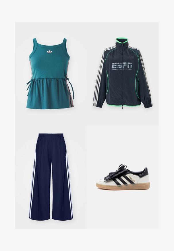 Marineblauwe Adidas sportjas met groene afwerking, witte drie strepen op de mouwen, ritssluiting aan de voorkant en het logo "ESPN There's No Place Like Sports".; Cyan mouwloze top met geplooide taille, roze zijkanten en geborduurd logo. Gemaakt van zachte stof met een losse pasvorm en strikaccenten.; adidas Originals PANT - Trainingsbroek - night indigo; Witte en zwarte Adidas Spezial sneaker met een gumzool, zwarte strepen en een zwarte veterhoes op een effen lichte achtergrond.